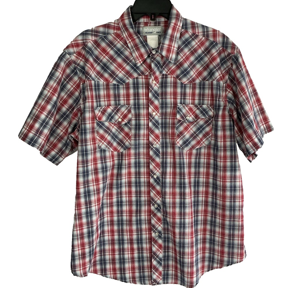 Wrangler Pearl Snap Western Shirt Mens XL Red White Blue Plaid Cowboy Rodeo SS
